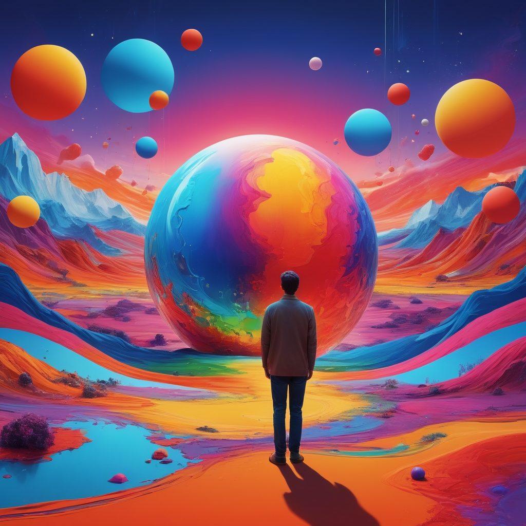 A surreal landscape where different colorful orbs represent voices, intertwining and emanating sound waves. A figure stands in the center, exploring these orbs with a curious expression. The background features a vibrant digital landscape representing the blogosphere, with abstract icons and flowing texts. The color palette is bright and inviting, symbolizing creativity and communication. painting. vibrant colors. 3D.