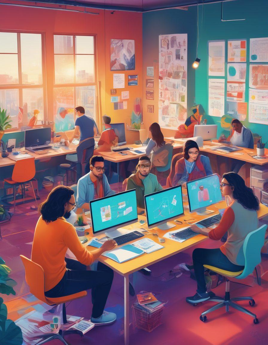 A vibrant and dynamic illustration showcasing a diverse group of content creators collaborating in a creative workspace, surrounded by various tools such as laptops, cameras, and sketchbooks. The atmosphere should be lively and engaging, filled with colorful charts and inspirational quotes on the walls. The scene captures a sense of community and innovation among individuals brainstorming and sharing ideas. modern art. bright colors. expansive background.