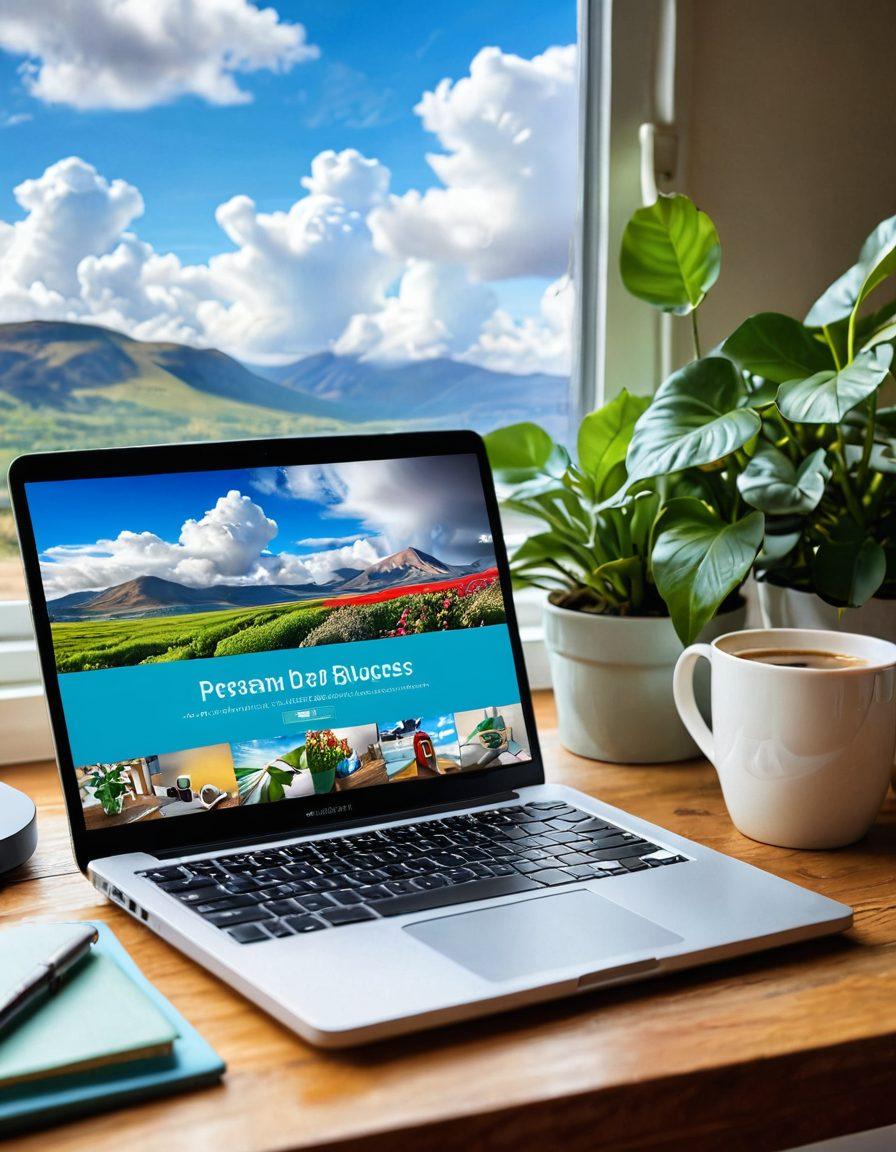 An open laptop on a wooden desk, displaying a vibrant personal blog filled with colorful images and engaging text. Surrounding the laptop are scattered notes, a steaming coffee mug, and a potted plant for a cozy atmosphere. The background features a dreamy landscape with soft clouds and a bright sky, symbolizing online success and creativity. bright colors. soft focus. cozy and inviting atmosphere.